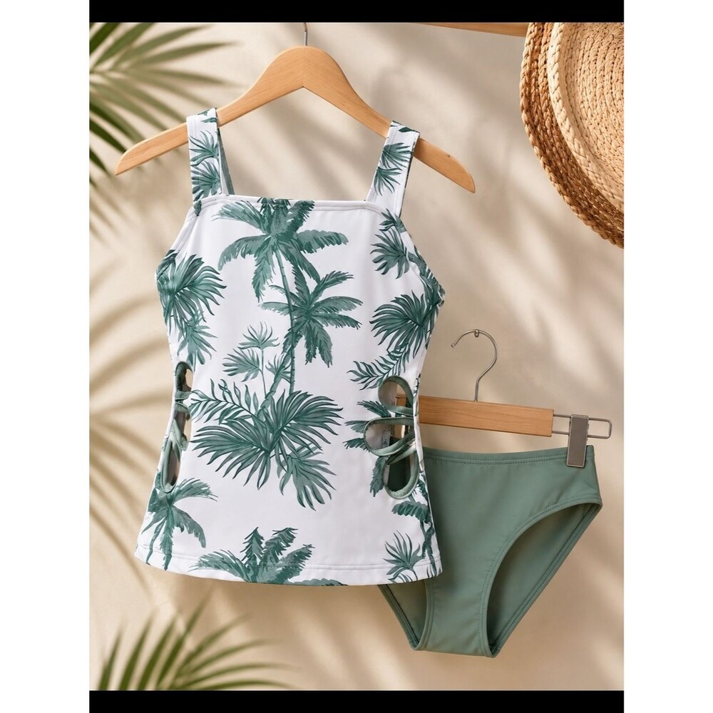 Girls Palm Print Green High-Waisted Tank Swim Set, 2 Piece